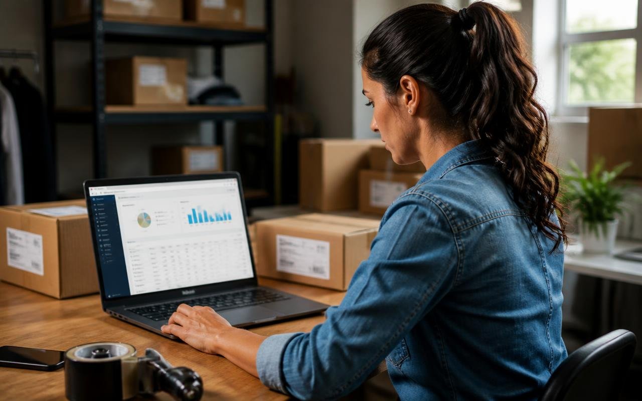 Empreendedora brasileira conferindo painel de gestão de estoque em laptop dentro de um pequeno centro de distribuição com caixas de expedição