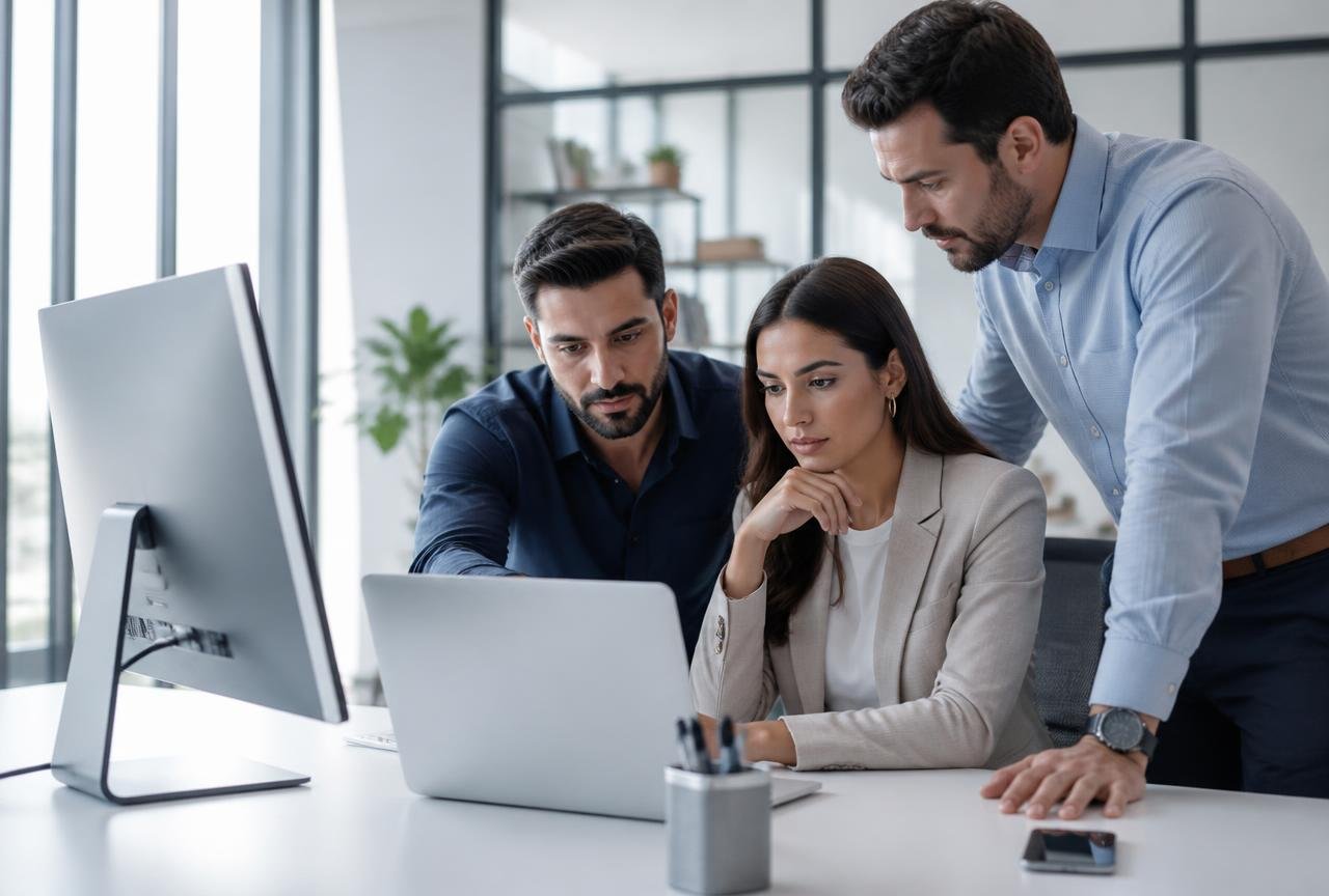 Equipe comercial de uma pequena empresa brasileira analisando o funil de vendas de um CRM em laptop e monitor